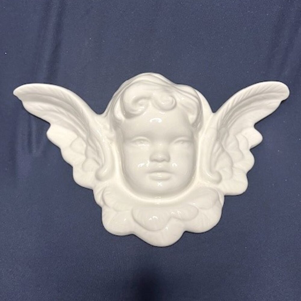 White Ceramic Hanging Angel Head w/Wings 11"(W)x7"(H)